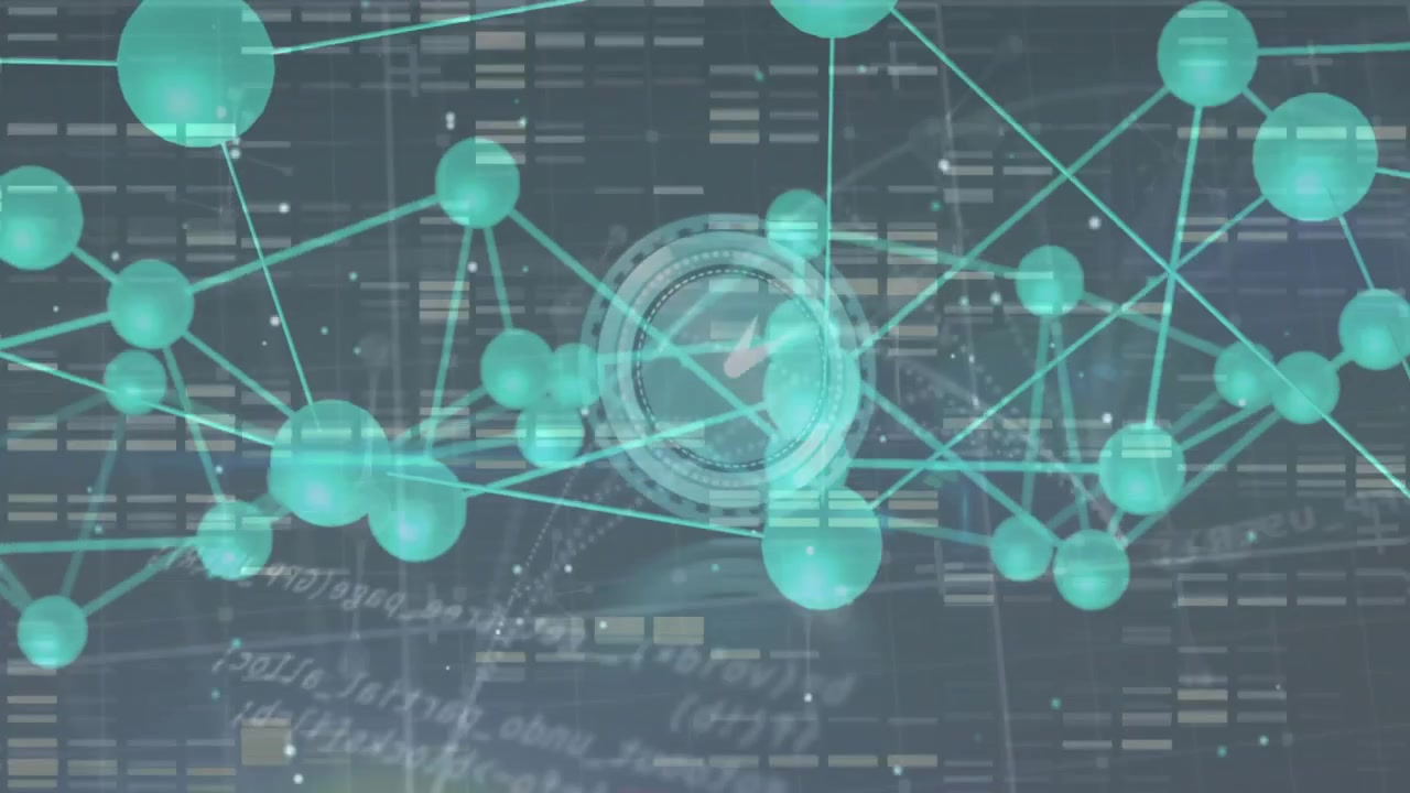 Vertical video: Teal network shifting, morphing nodes while hub gauge rotating, causing data pulses