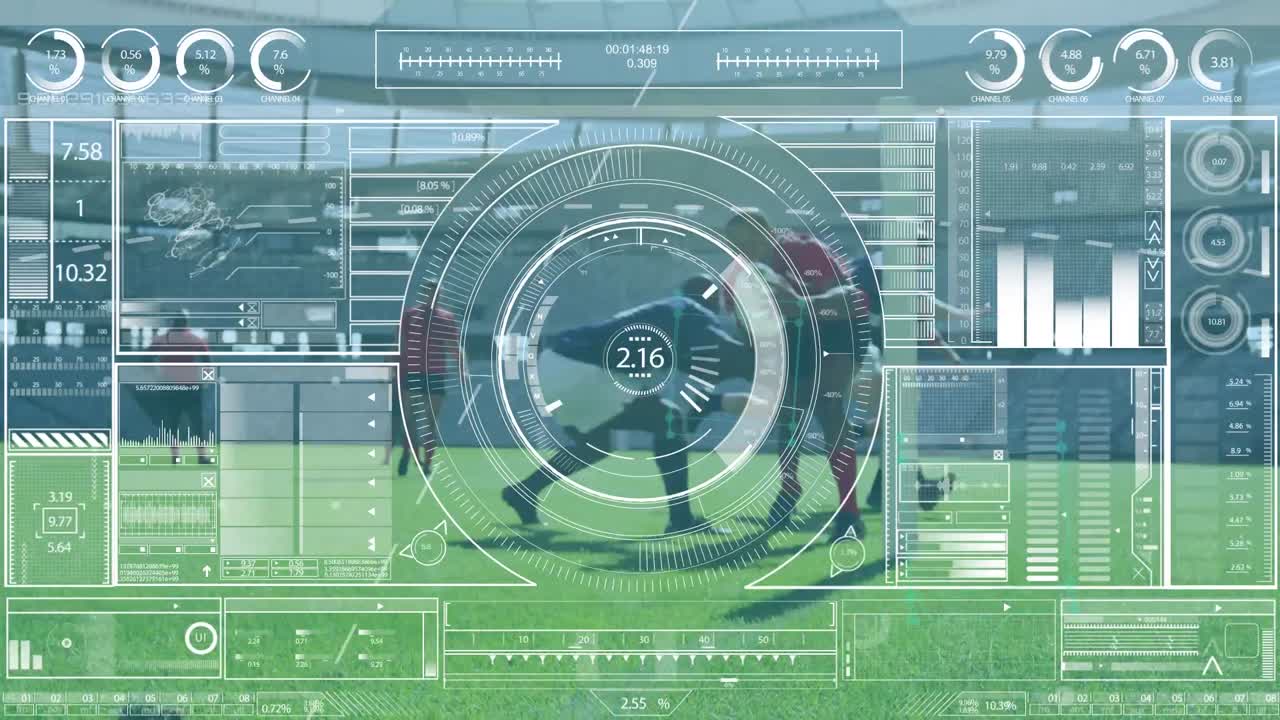 두 개의 다민족 럭비 팀이 럭비를 하는 데이터와 통계의 애니메이션