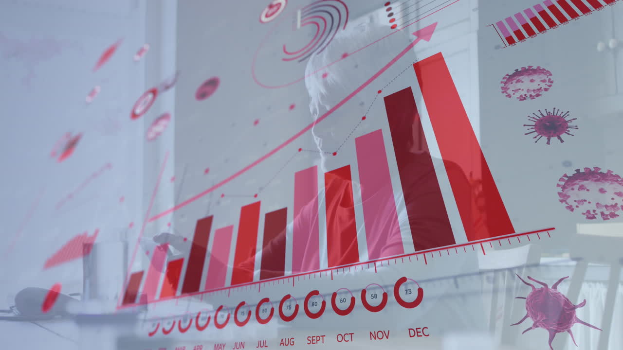 animación de gráficos y células del virus covid 19 sobre una mujer usando un teléfono inteligente