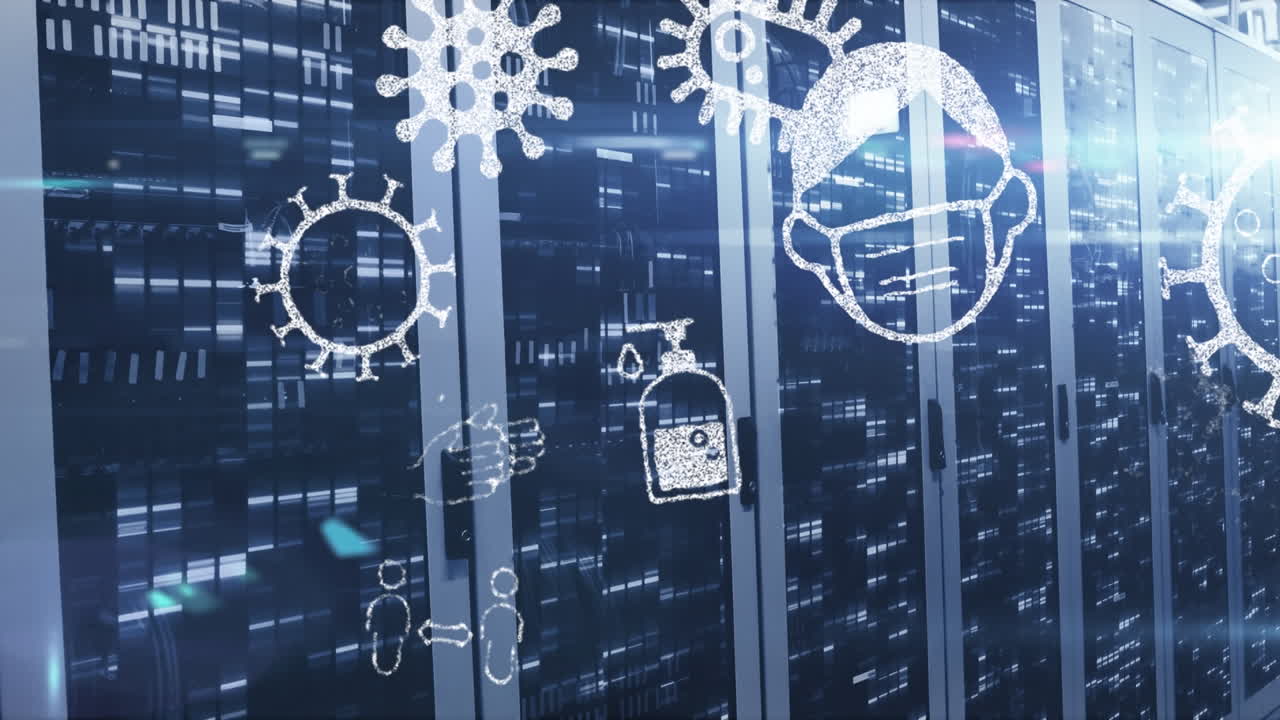 컴퓨터 서버  위의 모자이크 사각형에 대한 여러 코로나19 개념 아이콘의 애니메이션