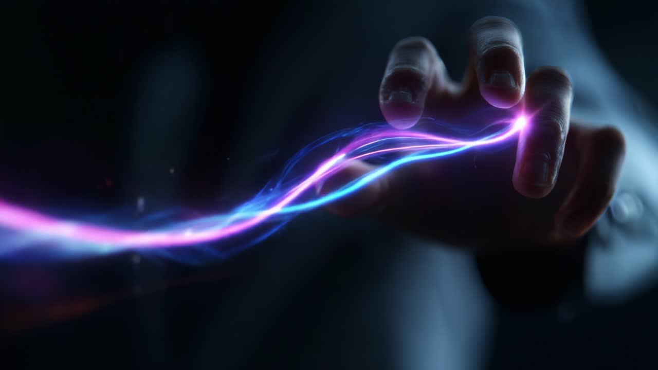 A close-up view of a hand manipulating vibrant, glowing energy waves, showcasing the fascinating interaction between human presence and ethereal light in a dark environment