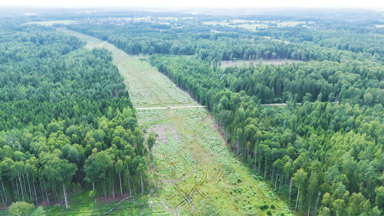 Green woodland with line ready for Rail Baltica railway construction in Lithuania