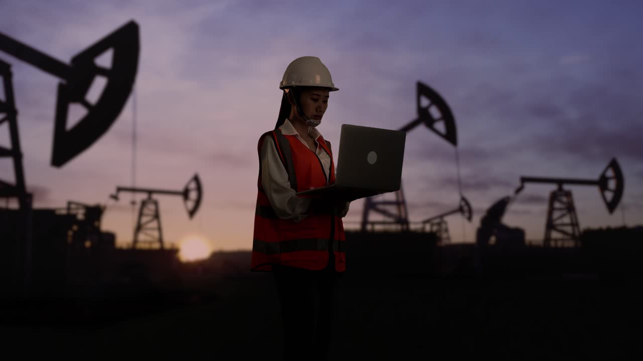 vista lateral de una ingeniera asiática con casco de seguridad trabajando en una computadora portátil inspeccionando bombas de petróleo al amanecer en un gran campo petrolífero