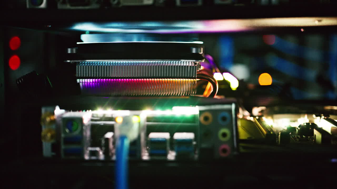 Close up of a server with flashing colourful lights in a data center