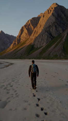 solo hiker in vast mountain landscape at sunset