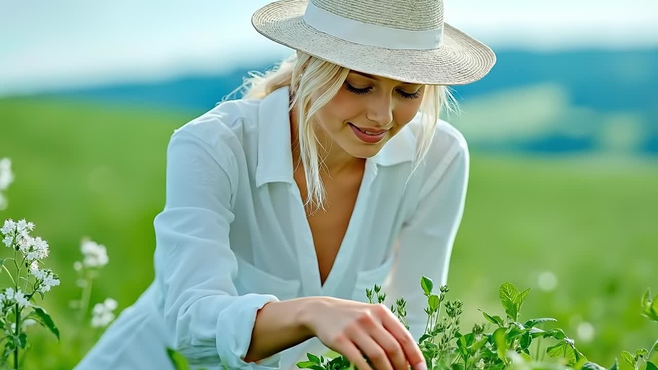 A woman in a white shirt and hat picking flowers in a field