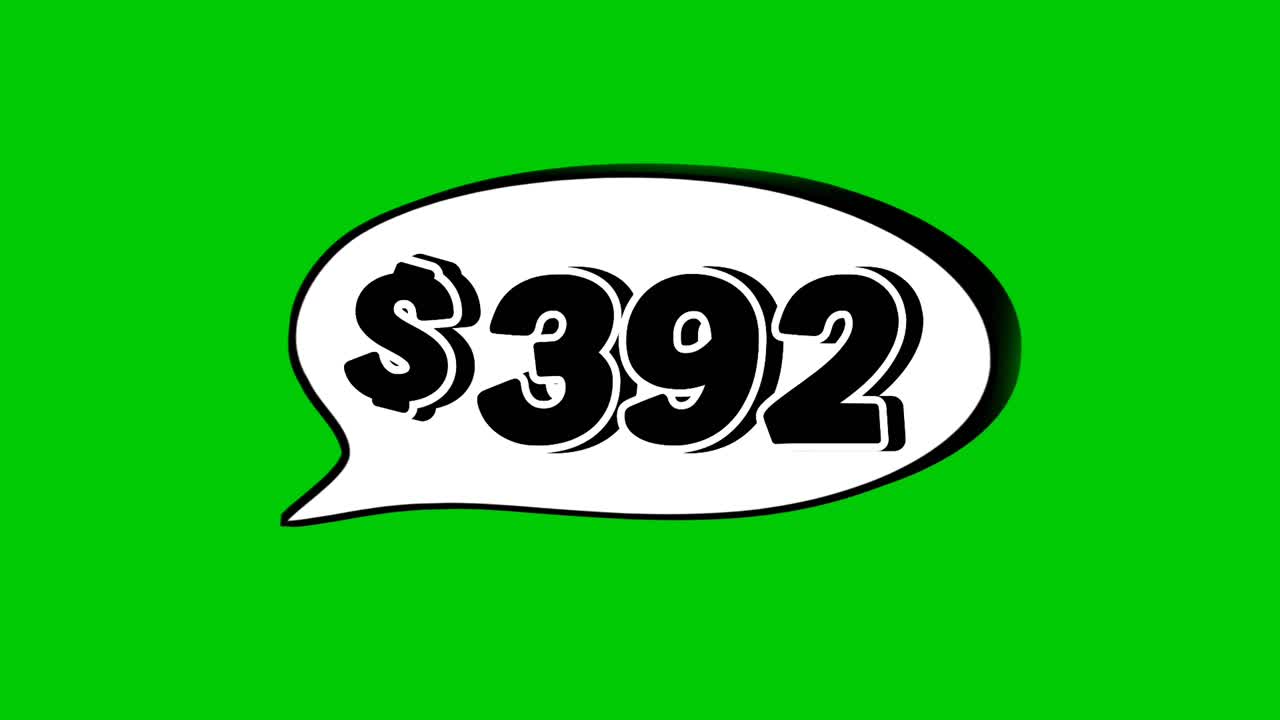 Animation $392 dollars price in a speech bubble on green screen.Perfect for sales, ads, or promo videos. Easy to use and customize in your projects video element