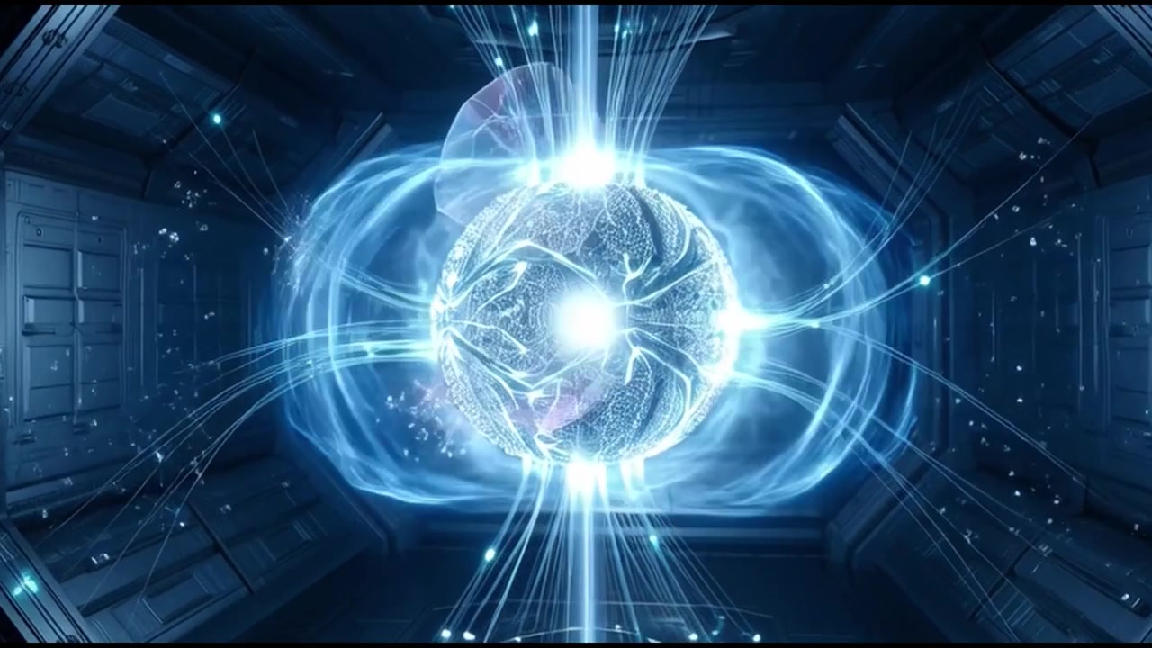 Nucleo energetico futuristico che genera un campo di plasma in un laboratorio di fantascienza