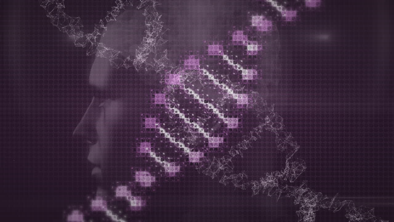 검은색 바탕에 디지털 인간의 머리 위에 있는 dna 줄무의 애니메이션입니다.