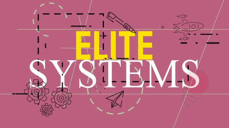 Animating ELITE SYSTEMS logo on rose screen, with gear icons shifting and pencil drawing connectors