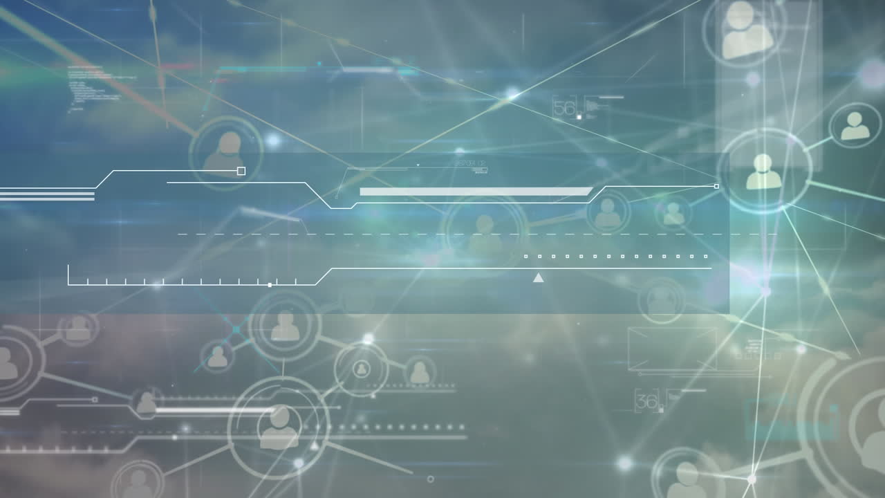 animación del procesamiento de datos en pantallas y red de conexiones