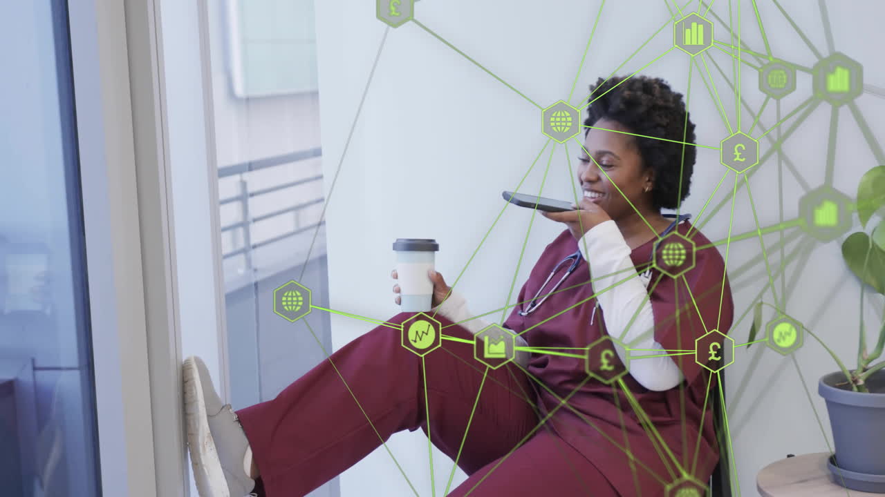 Animation of network of connections with icons over african american female doctor