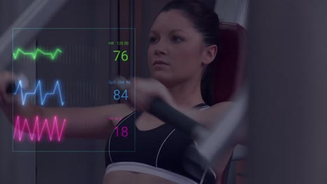 animación de cardiógrafo sobre mujer caucásica haciendo ejercicio