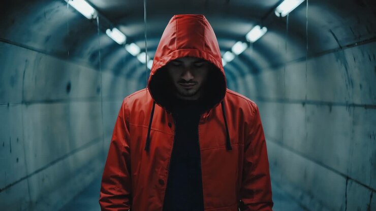 Uomo con felpa rossa in un tunnel