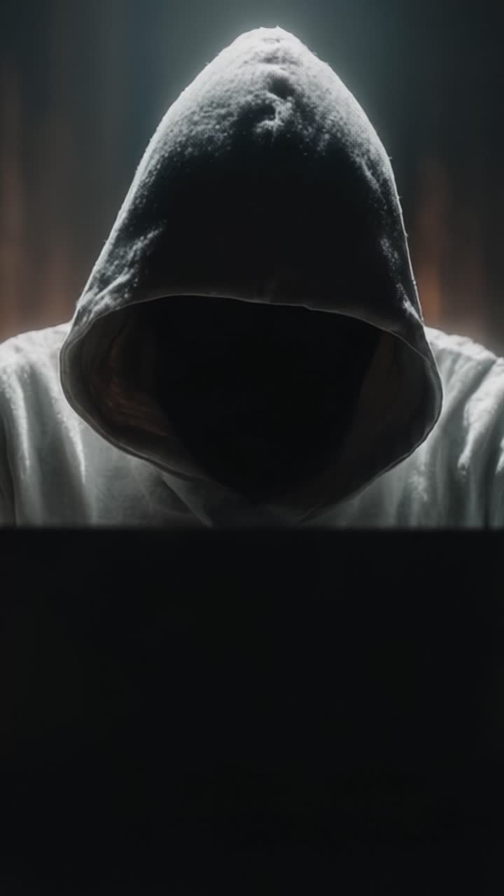 Una figura misteriosa in un mantello con cappuccio impegnata in un'attività oscura, circondata da luce fioca e ombre che accentuano l'atmosfera di segretezza e intrigo