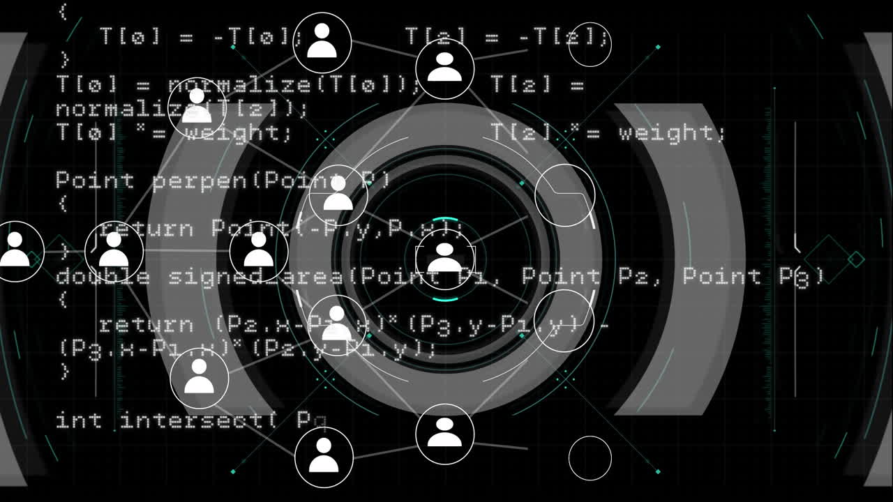 Animation of network of digital people icons and data processing