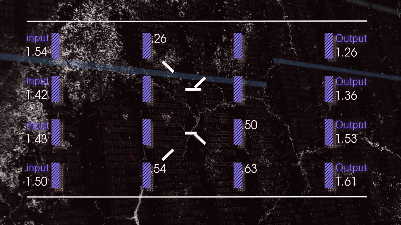 Flat data-flow visualization flowing through code background, displaying striped bars and outputs