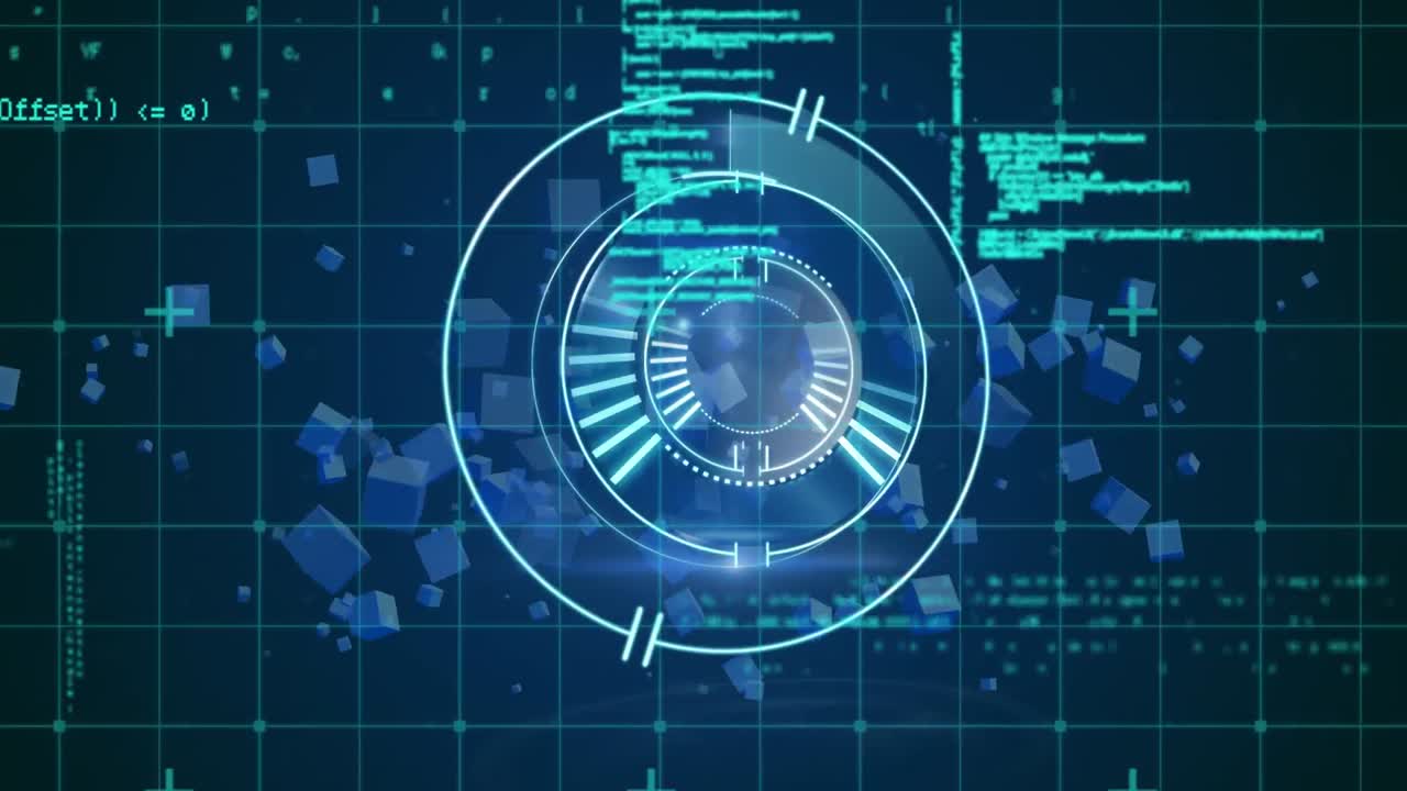 Digital animation of neon round scanner against data processing on blue background