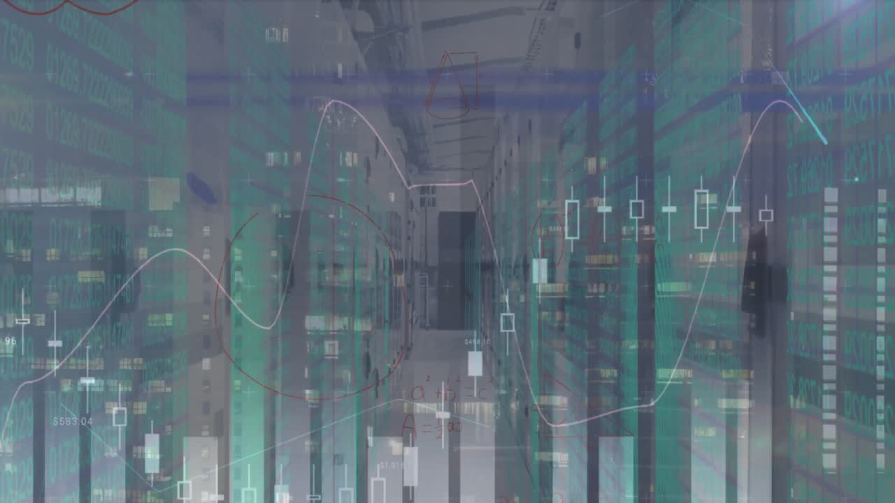 Animation of financial data processing and server room over cityscape