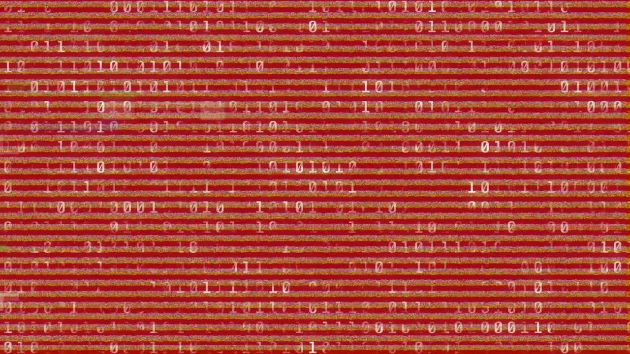 Animation of binary coding data processing with glitch on red background