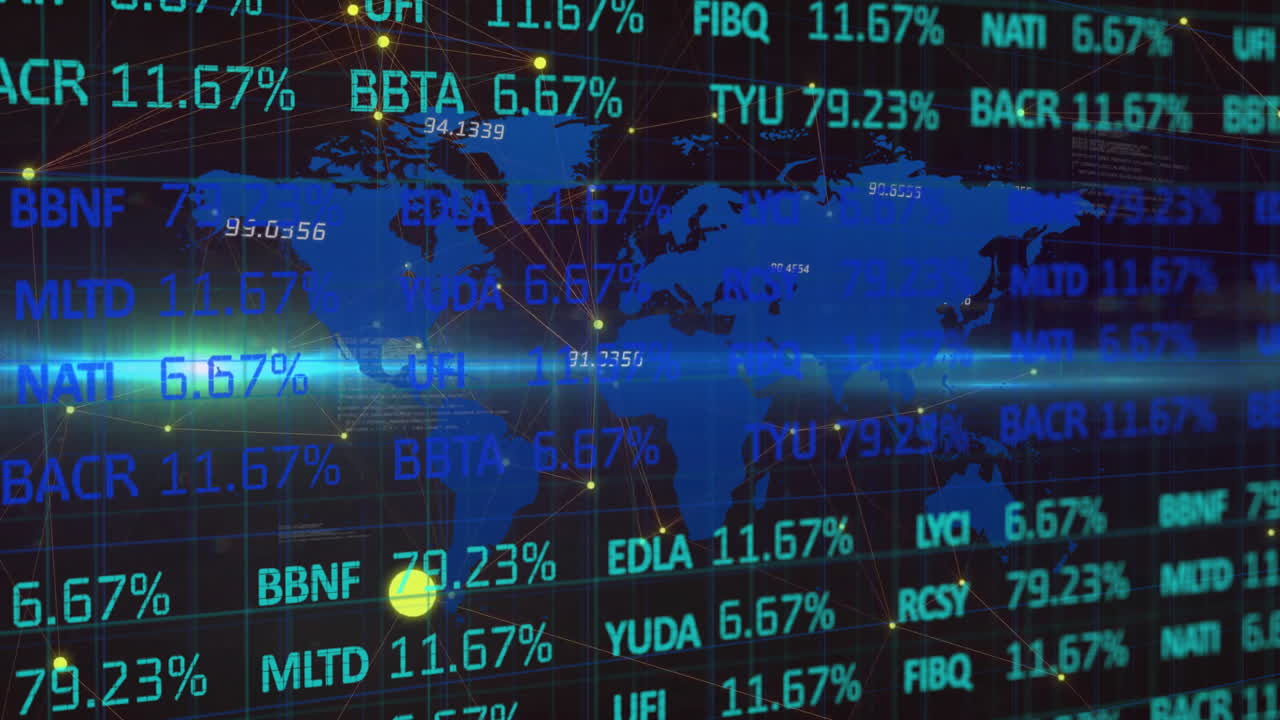 Animation of lens flare, numbers, trading board and map over black background