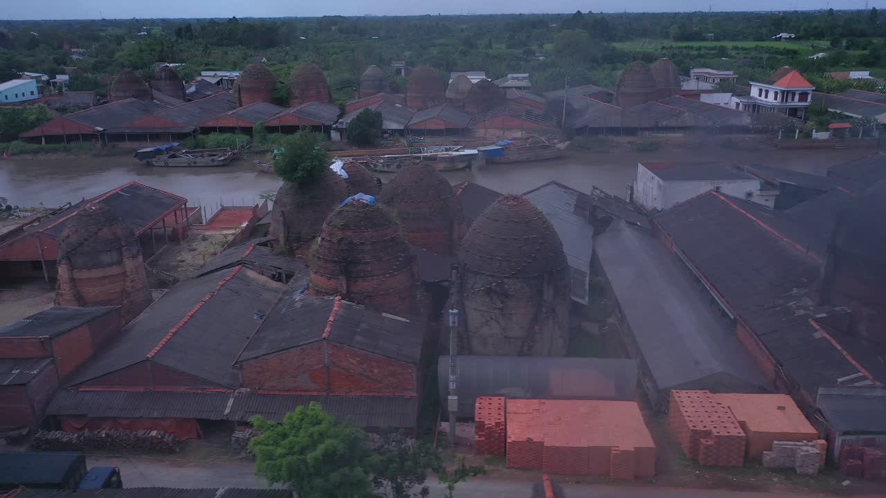 Aerial view of brick kilns and canal in Vinh Long in the Mekong Delta, Vietnam