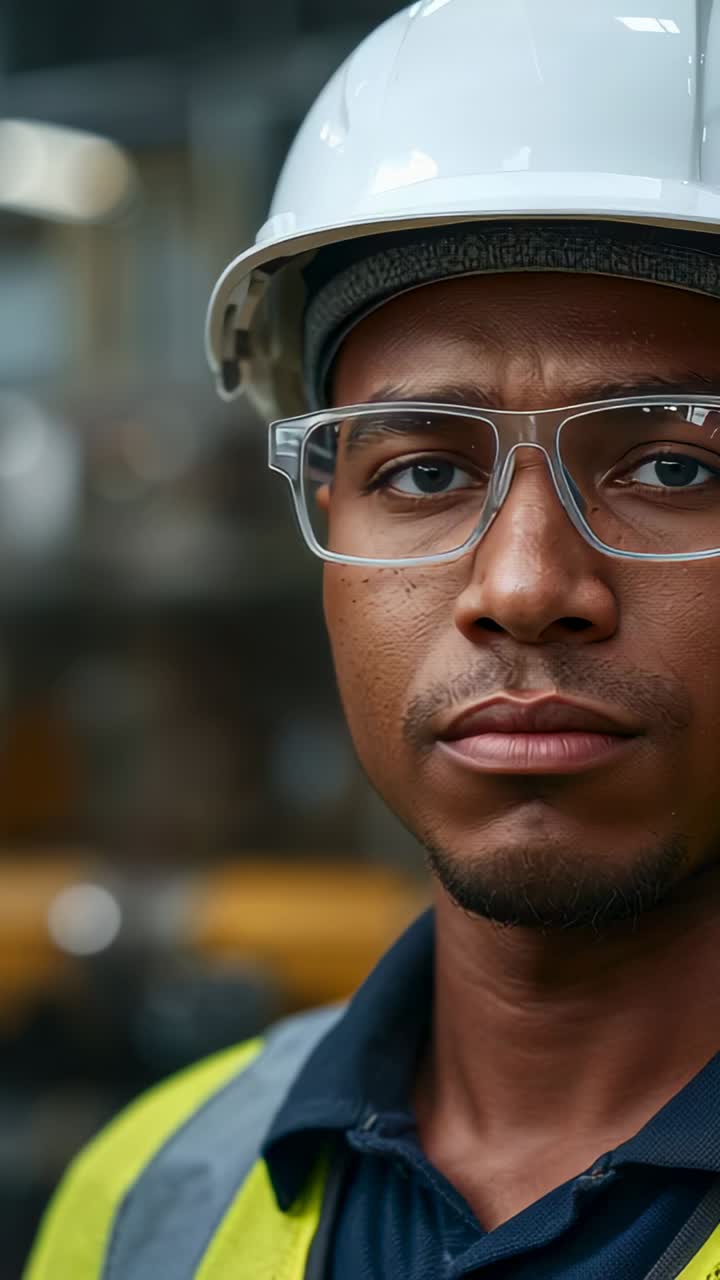 Vertical video: Camera starting closeup filming worker holding gaze on shop floor, hard hat, vest
