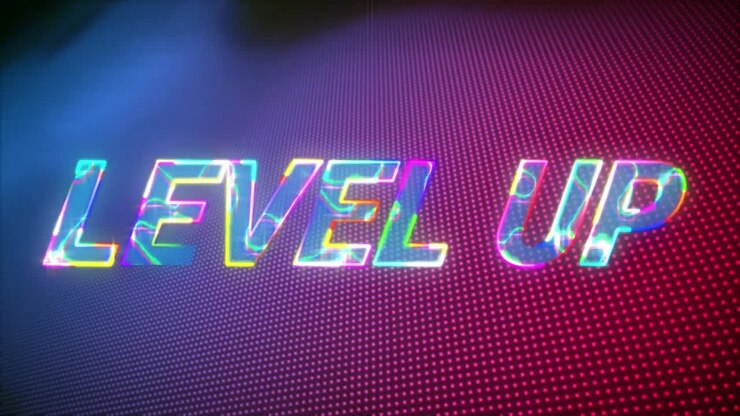 Animazione del testo luminoso "level up" su sfondo rosa e blu