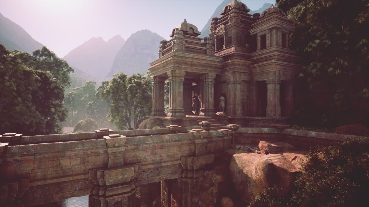 Ancient temple ruins atop lush green hillside