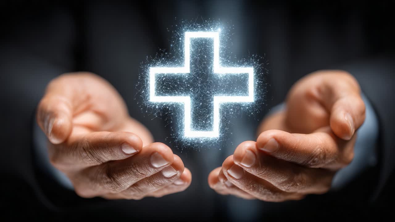 A pair of hands delicately hold a glowing medical cross symbol, representing care, health, and the importance of well-being in our lives, emphasizing healing and support in healthcare