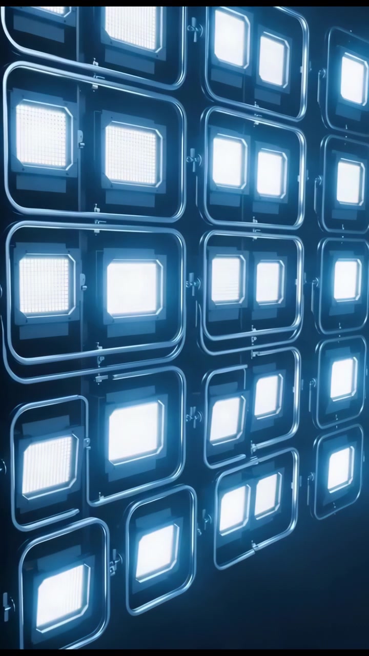 A vertical arrangement of bright square illuminated panels forms a futuristic grid across the center and right side, with glossy metallic outlines and a deep