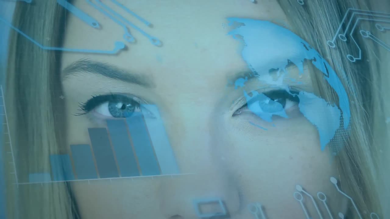 Animation of statistics, globe and computer processor data processing over woman's face