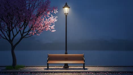 a serene night scene featuring a park bench under a lantern surrounded by cherry blossom trees with raindrops, evoking peace and contemplation