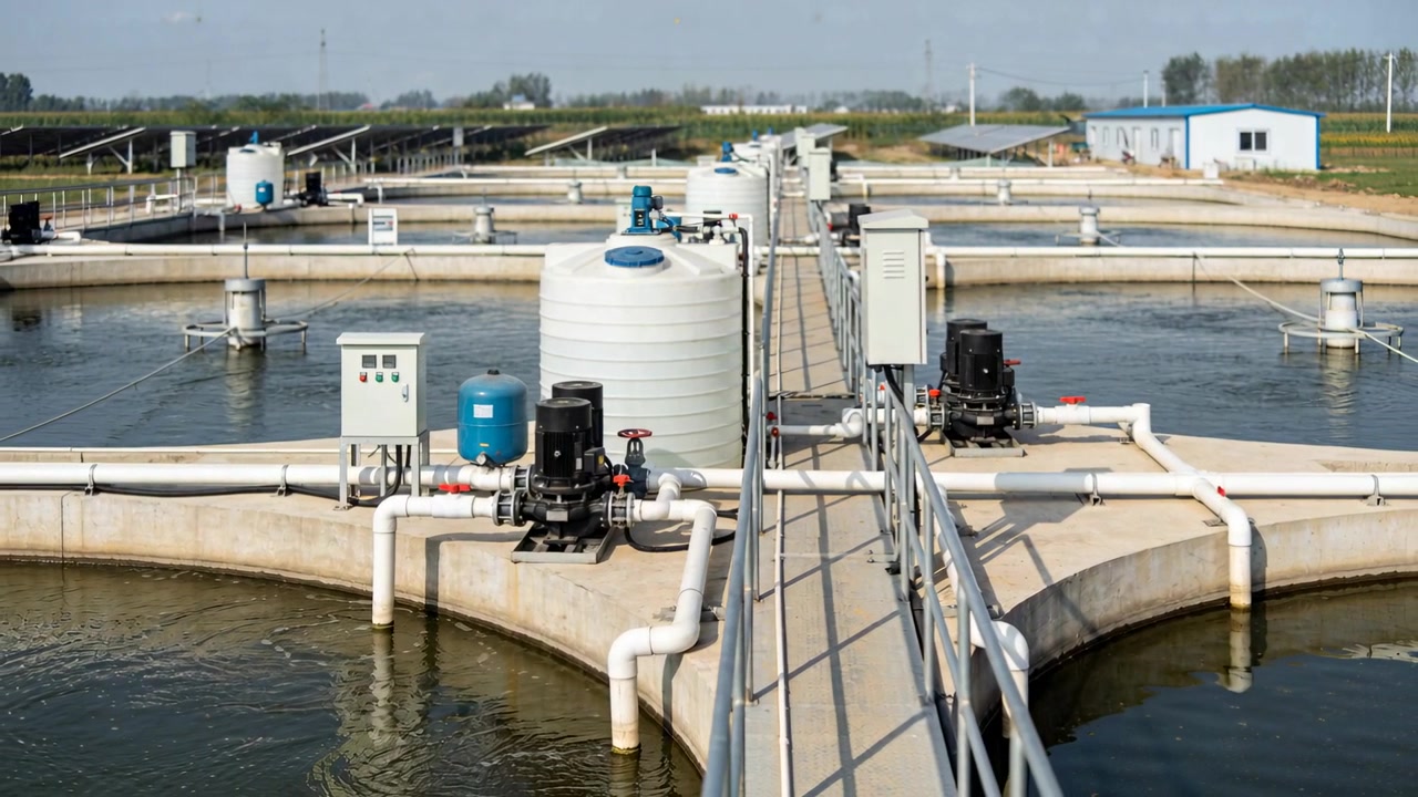 Mostrando una passerella centrale rialzata e vasche di chiarificazione con pompe che si attivano, agitando l'acqua nell'impianto.