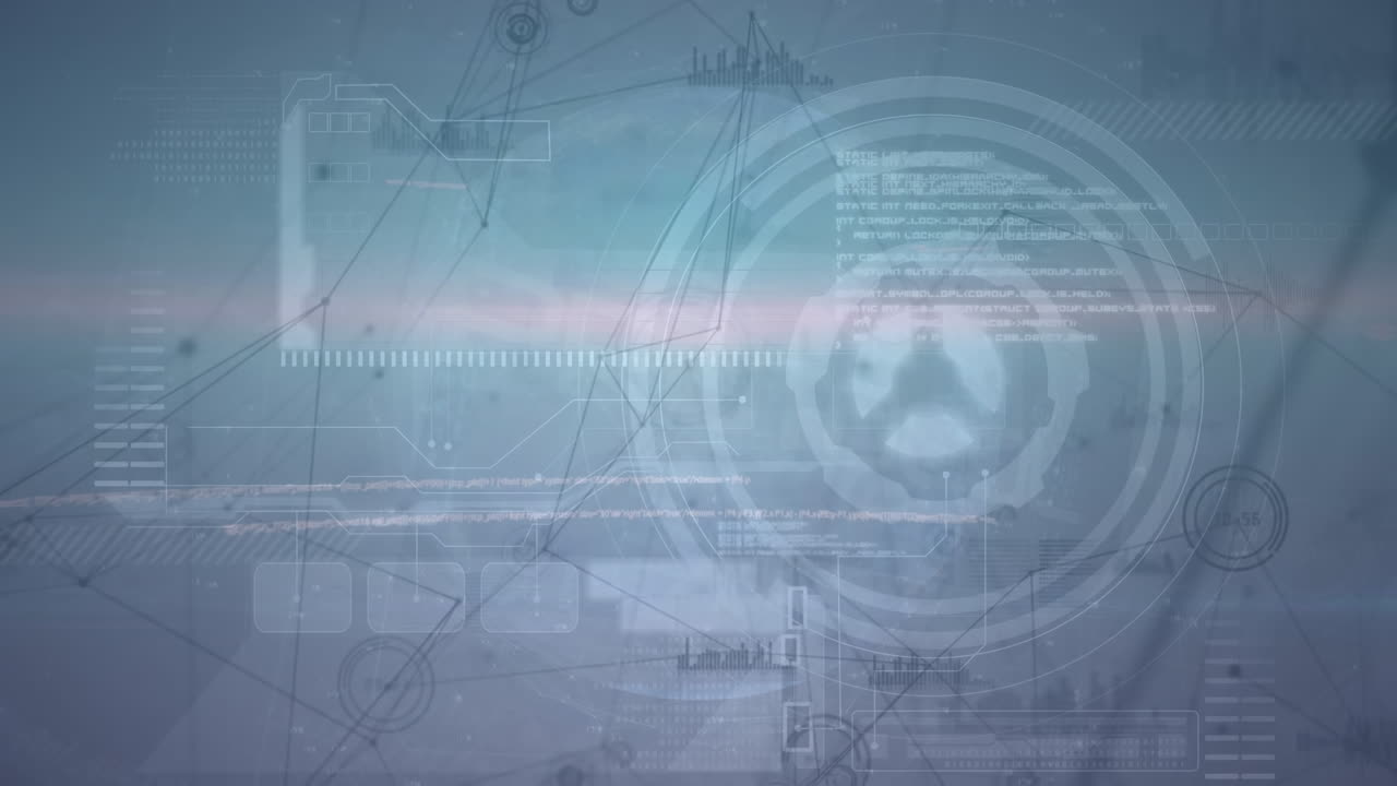 Animation of lines connecting dots against data processing with hud on digital interface