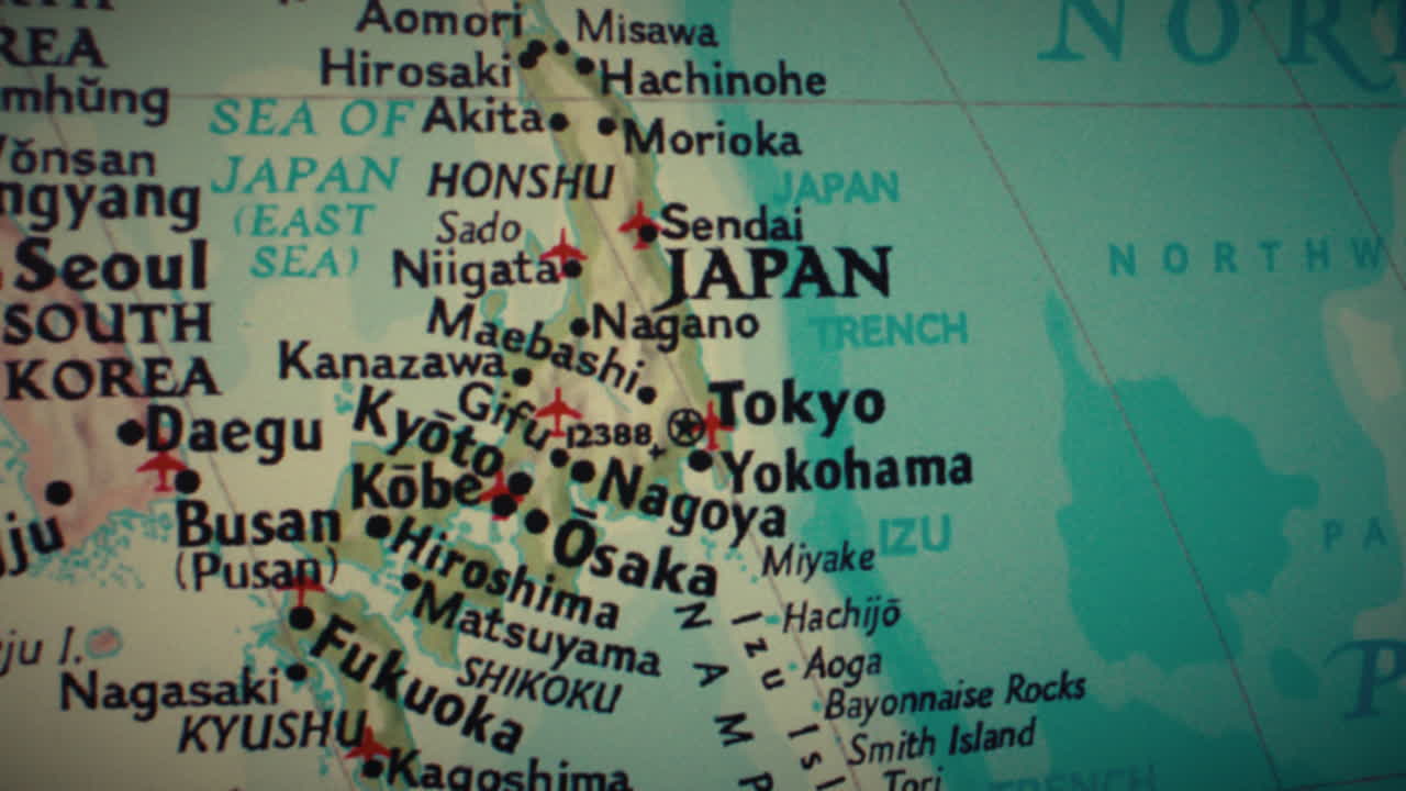 Close-up of a map of Japan and South Korea