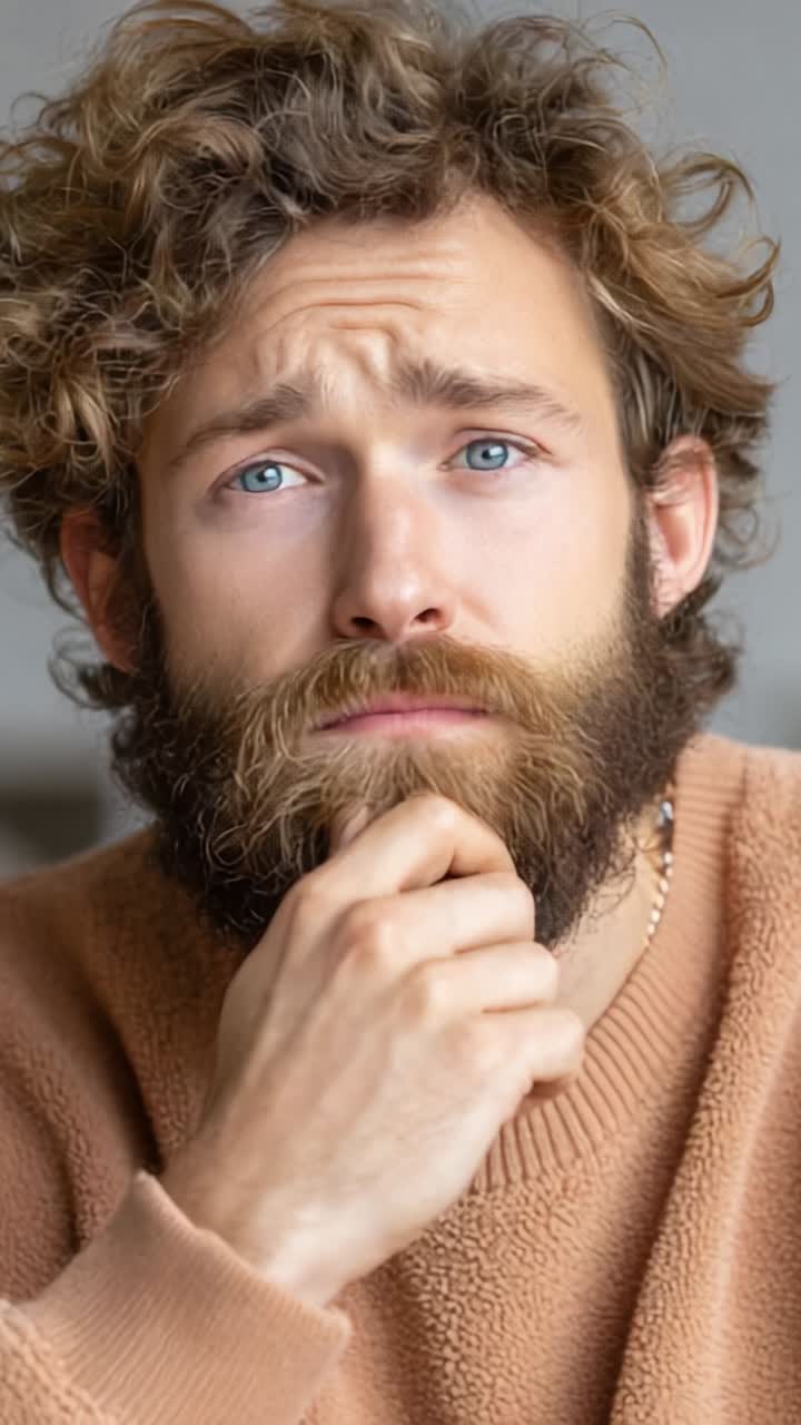 Espressione pensierosa: ritratto di un giovane uomo con capelli ricci e barba, immerso nella contemplazione e nella riflessione su uno sfondo neutro e delicato