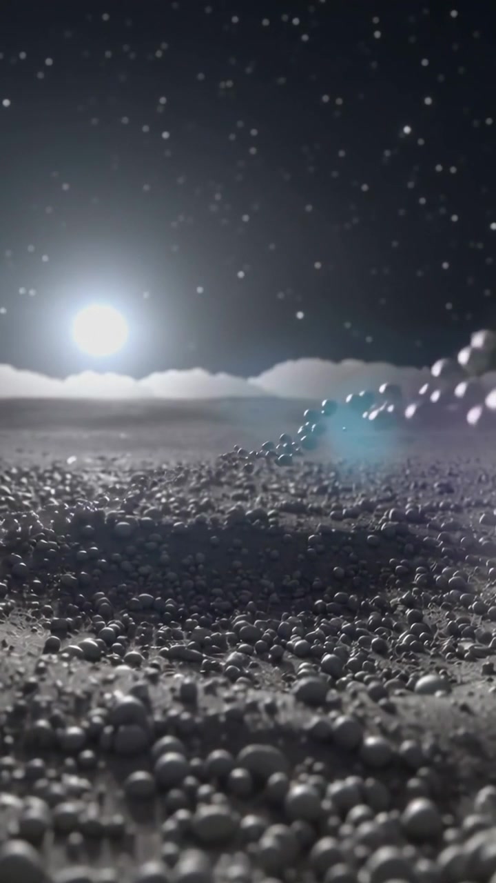 Video verticale: Perline lucide che si sollevano da destra verso il centro su una pianura illuminata dalla luna, con bagliore dell'obiettivo.