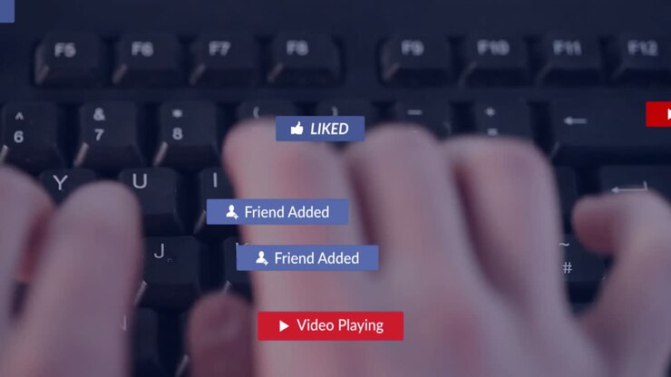 Animation of social media icons with texts over hands typing on keyboard