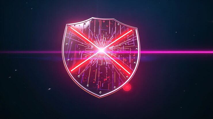 Appearing metallic shield pulsing neon X bars, rotating in digital void to demonstrate energy field