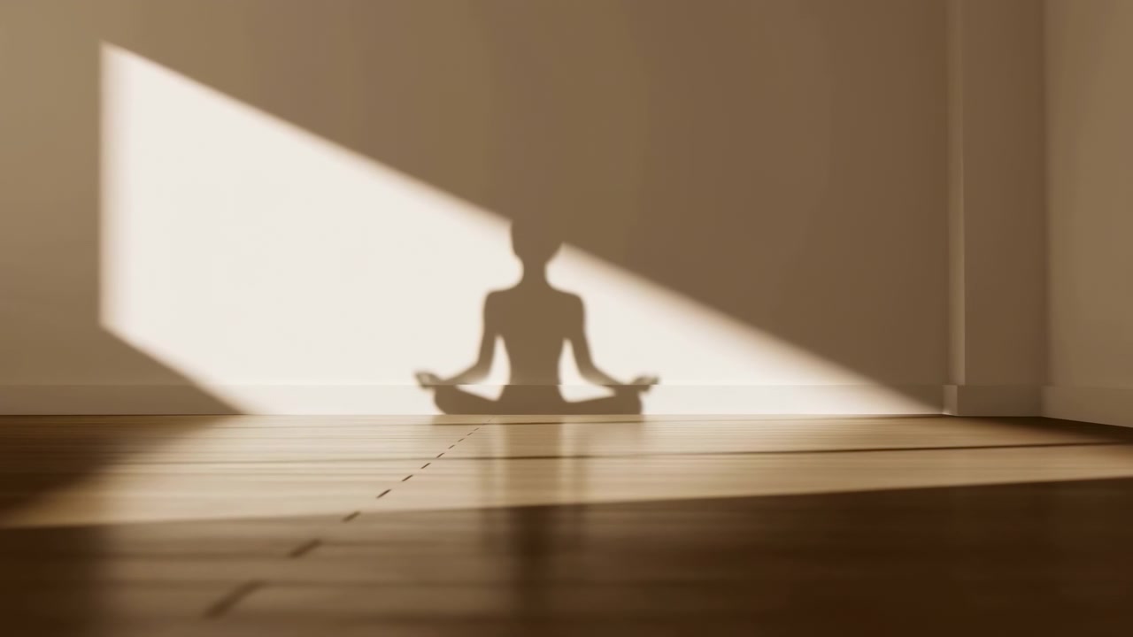 Silhouette d'ombra di una persona seduta a gambe incrociate in meditazione, proiettata sulla parete dalla calda luce solare diagonale all'interno di un interno minimalista, creando un'atmosfera calma, un forte contrasto, una texture morbida e un equilibrio sereno.
