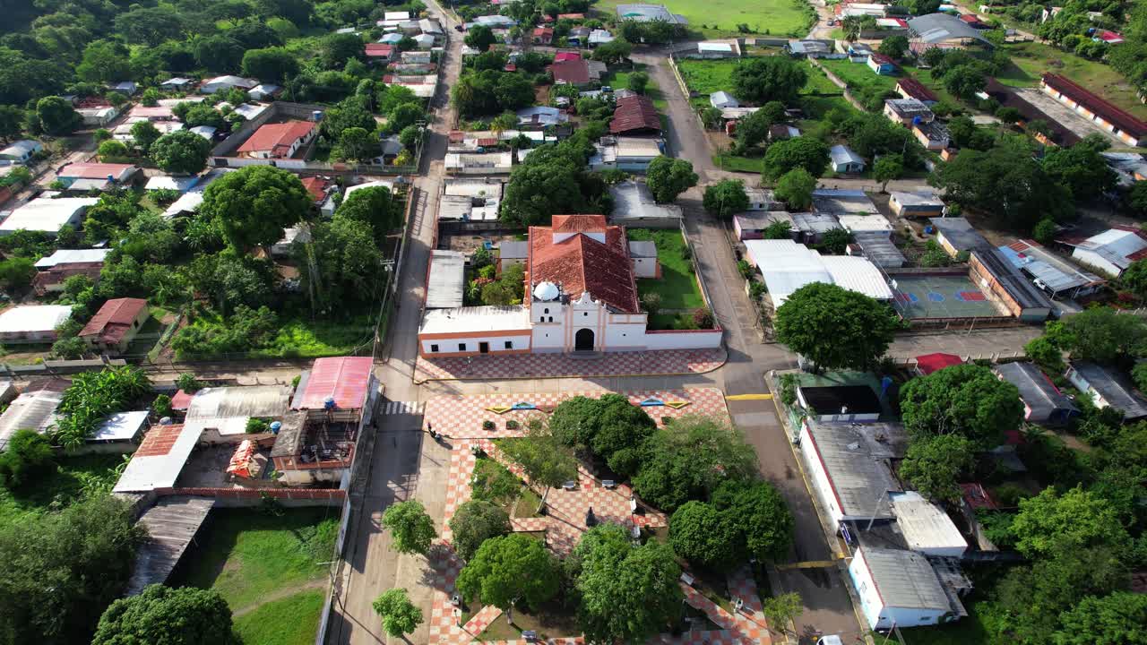 Small Town Architecture: An Aerial View of a Church and Town Plaza