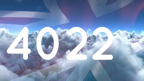 animación de contador sobre nubes y bandera del reino unido