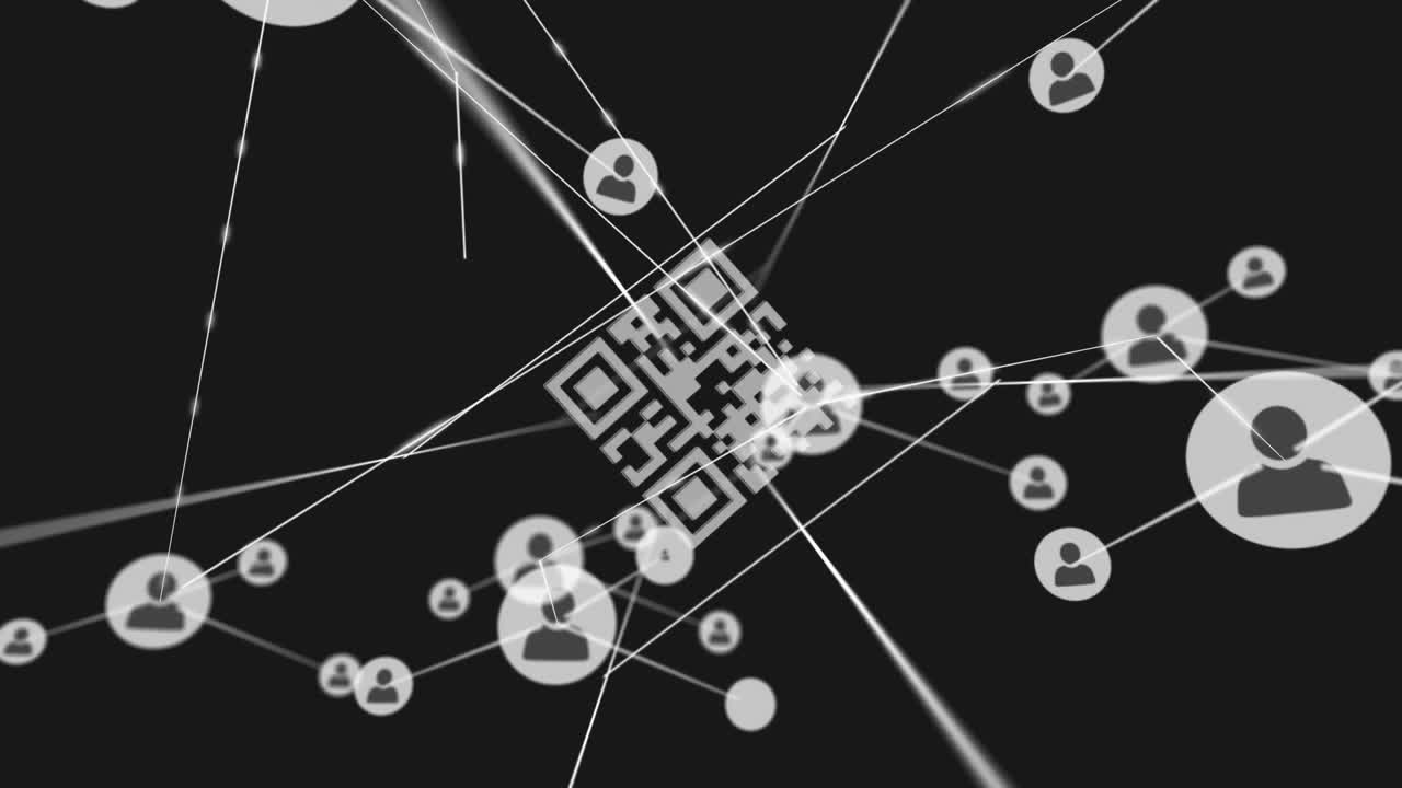 Animation of QR code over a web of connection with circles and social icons