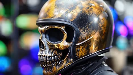 a close up of a skull wearing a motorcycle helmet