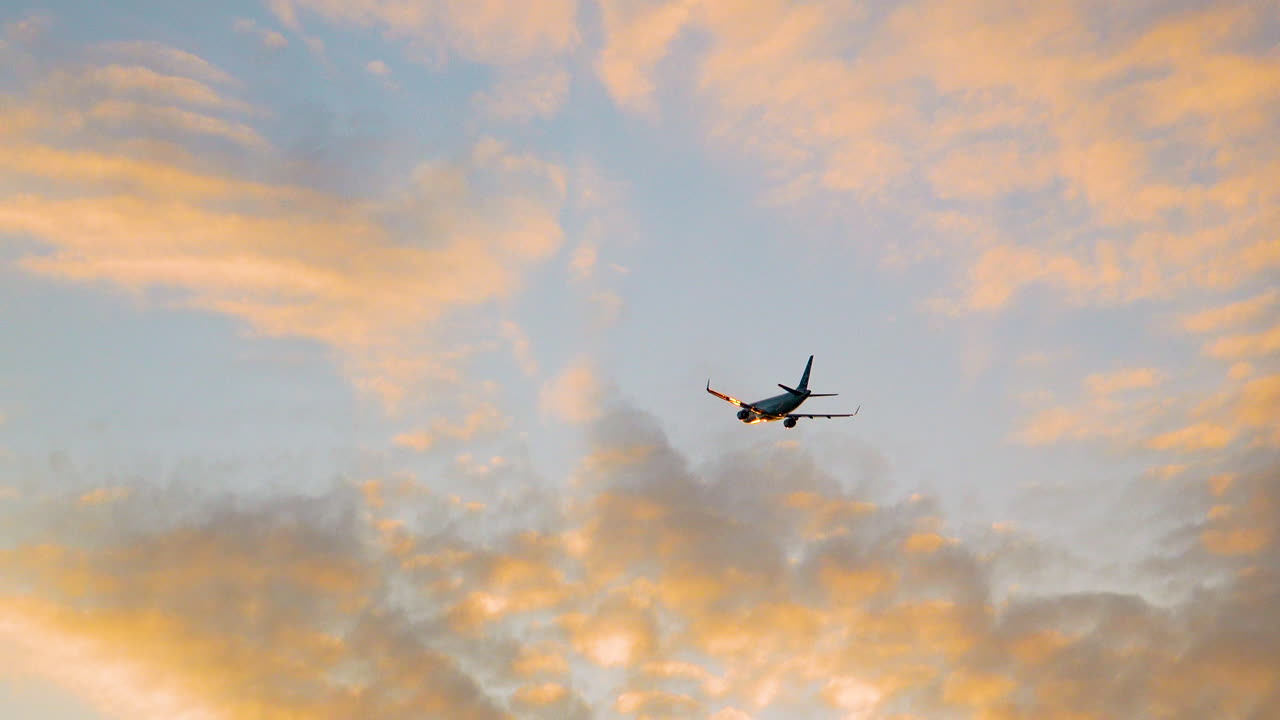 상업용 여객기가 이륙 후 분홍색 해가 지는 하늘로 상승하고 날아간다 - 뒷면 추적  ⁇