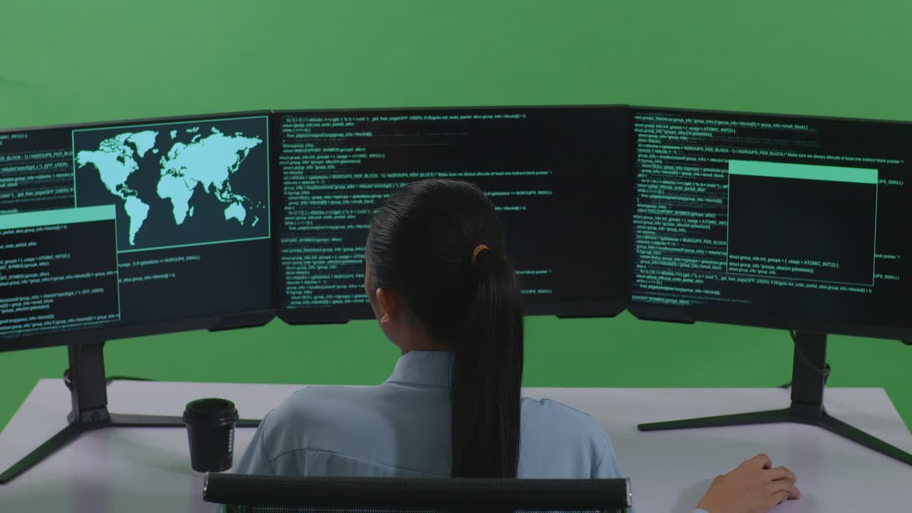 Back View Of Bored Asian Woman Developer Write Code With Multiple Computer Screens In Green Screen Studio