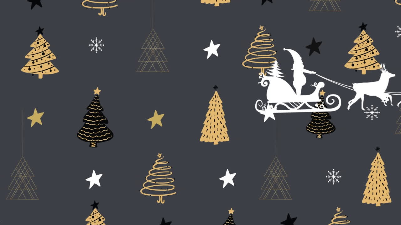 animación de santa claus en trineo con renos sobre estrellas y textura de árbol de navidad