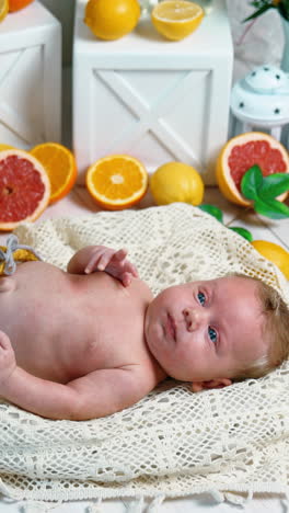 cute infant boy with fair hair and blue eyes lies on the pillow. studio footage of a kid surrounded by lanterns, plants and oranges. top view. vertical video