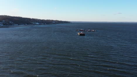 an aerial view of hempstead bay during a cold winter day